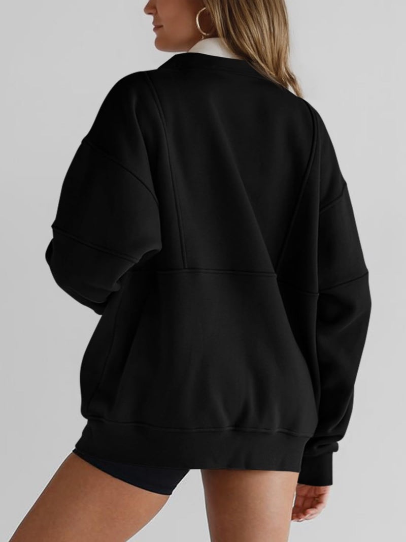 Fisoew Women's Half Zip Sweatshirts Fleece Stand Collar Long Sleeve Thumb Hole Oversized Pullovers with Pockets Black - Image 4
