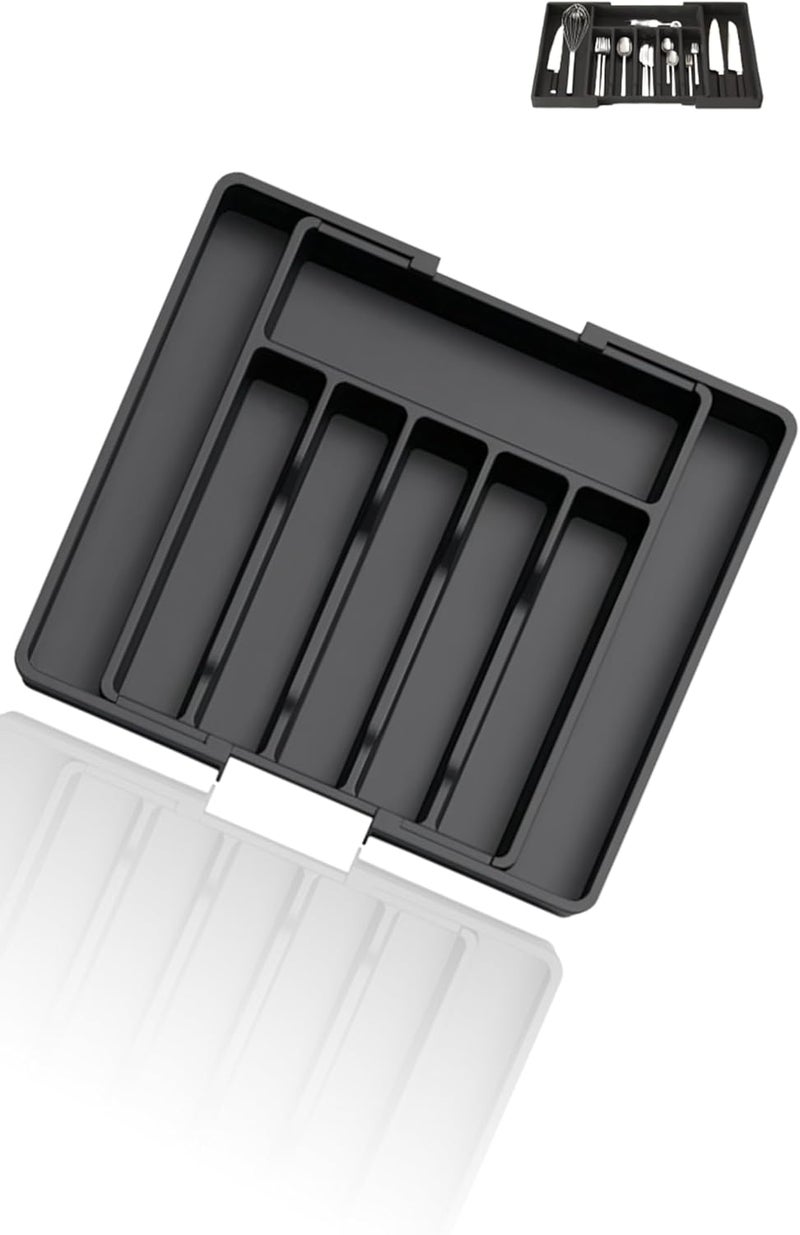 Honwor Fast & slow shipment compatible Expandable Cutlery Tray, Adjustable Silverware Holder, Kitchen Drawer Organizer for Spoons, Forks, Knives, Utensil Flatware Divider, Non-Slip Black Design Local market compliant trusted quality - Image 1