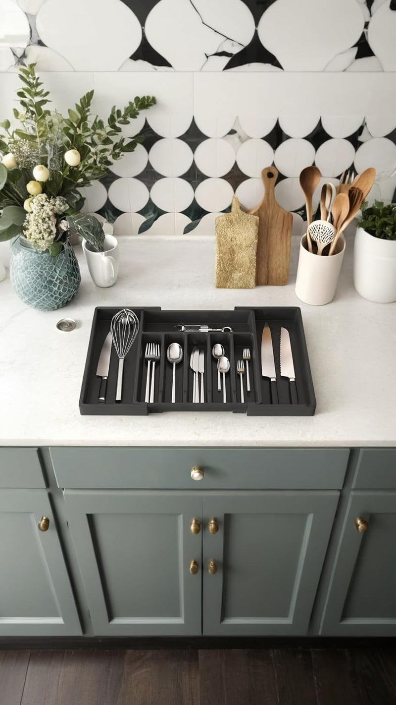 Honwor Fast & slow shipment compatible Expandable Cutlery Tray, Adjustable Silverware Holder, Kitchen Drawer Organizer for Spoons, Forks, Knives, Utensil Flatware Divider, Non-Slip Black Design Local market compliant trusted quality - Image 3