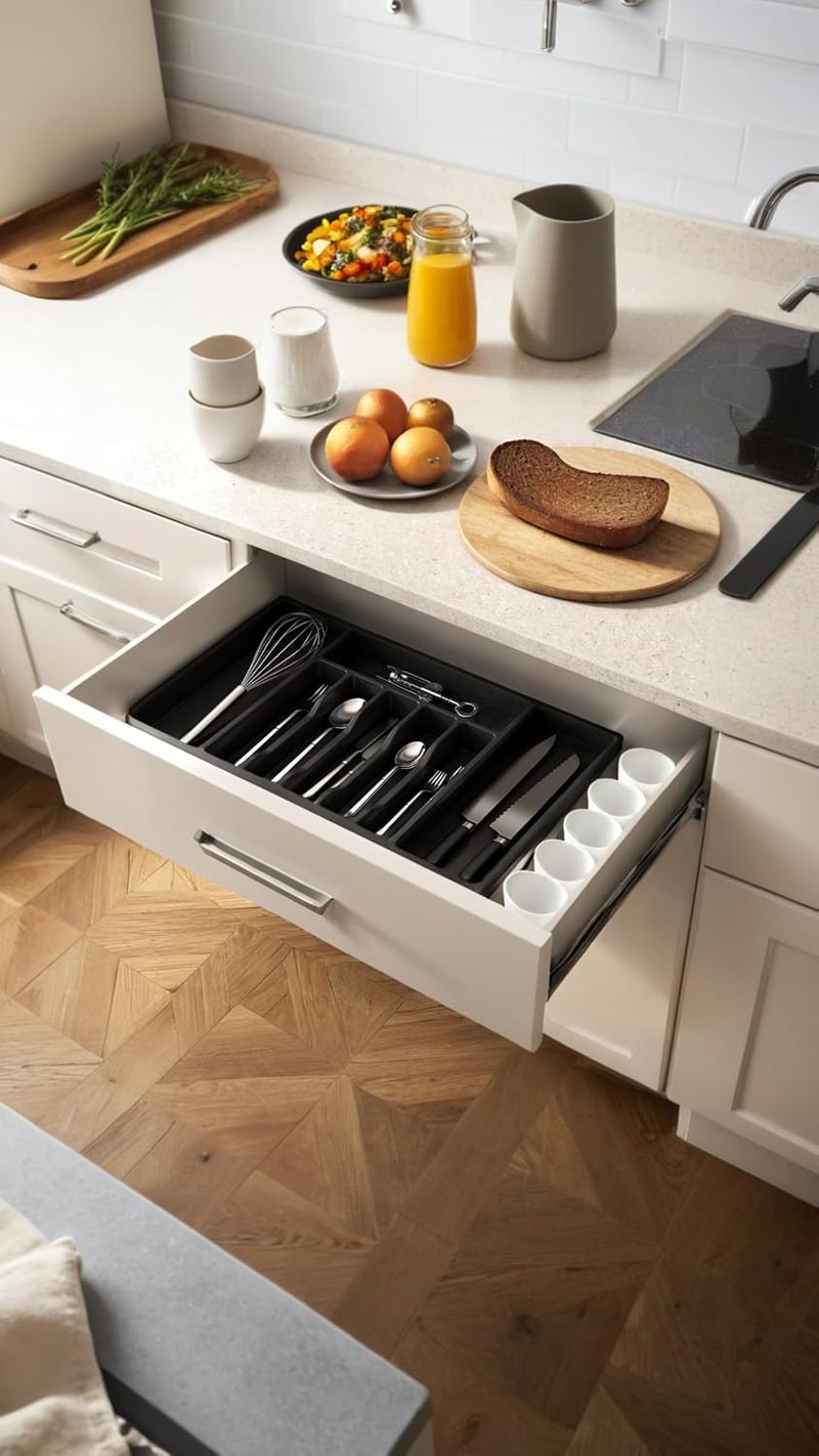 Honwor Fast & slow shipment compatible Expandable Cutlery Tray, Adjustable Silverware Holder, Kitchen Drawer Organizer for Spoons, Forks, Knives, Utensil Flatware Divider, Non-Slip Black Design Local market compliant trusted quality - Image 2