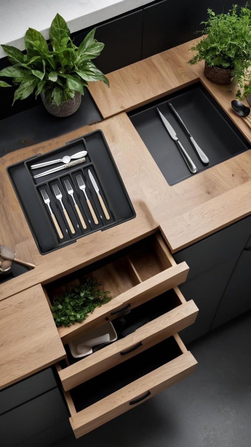 Honwor Fast & slow shipment compatible Expandable Cutlery Tray, Adjustable Silverware Holder, Kitchen Drawer Organizer for Spoons, Forks, Knives, Utensil Flatware Divider, Non-Slip Black Design Local market compliant trusted quality - Image 5