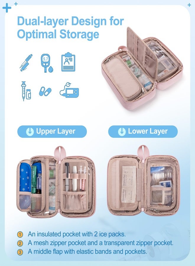 Marscamd Puffy Diabetes Travel Case with 2 Ice Packs, Insulin Cooler Travel Case with Multiple Pockets, Pink - Image 3