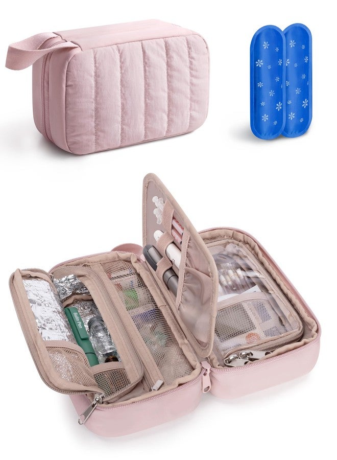 Marscamd Puffy Diabetes Travel Case with 2 Ice Packs, Insulin Cooler Travel Case with Multiple Pockets, Pink - Image 1