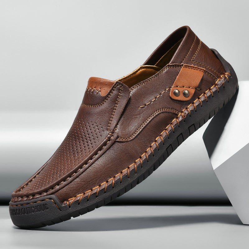 Semi-Managed Hand-Stitched Men'S Shoes Outdoor Casual Shoes Slip-On Flat Leather Shoes Low-Top Plus Size Loafers - Image 1