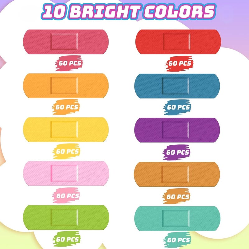 Lounsweer 600 Pcs Kids Bandages Bulk Waterproof Breathable Bandages Neon Colorful Flexible Bands Assorted Colors Flexible Protection Wound Care Scrapes and Slight Cut - Image 3
