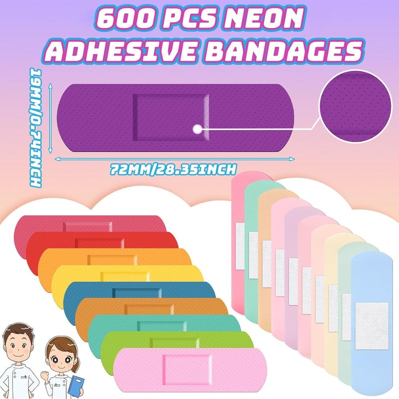 Lounsweer 600 Pcs Kids Bandages Bulk Waterproof Breathable Bandages Neon Colorful Flexible Bands Assorted Colors Flexible Protection Wound Care Scrapes and Slight Cut - Image 2