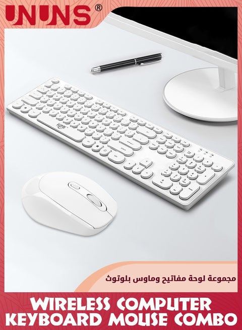 104 Keys Wireless Keyboard Mouse Combo,Ergonomic Full Size Typewriter Retro Round KeycapsKeyboard With Mouse For Windows PC Computer Notebook Laptop,White