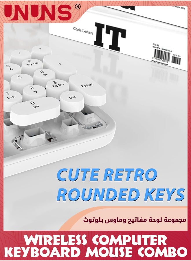 UNUNS 104 Keys Wireless Keyboard Mouse Combo,Ergonomic Full Size Typewriter Retro Round KeycapsKeyboard With Mouse For Windows PC Computer Notebook Laptop,White  - Image 2