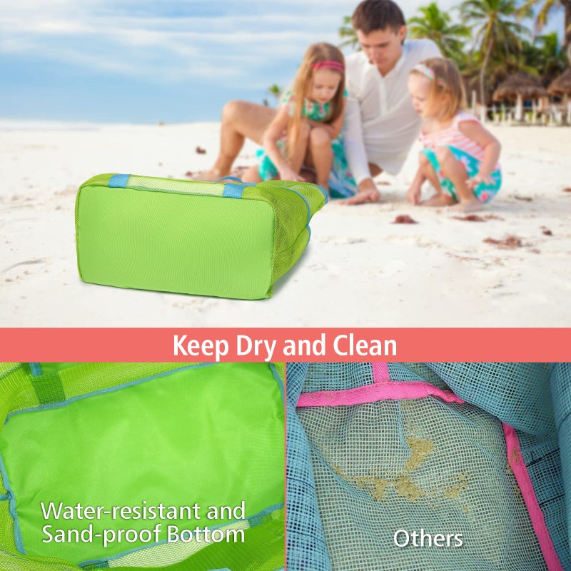 F-color Foldable XL Mesh Beach Bag, 9-Pockets Lightweight Beach Bag for Women with Bottom Waterproof-Sandproof for Pool Travel Grocery Neon Green - Image 3