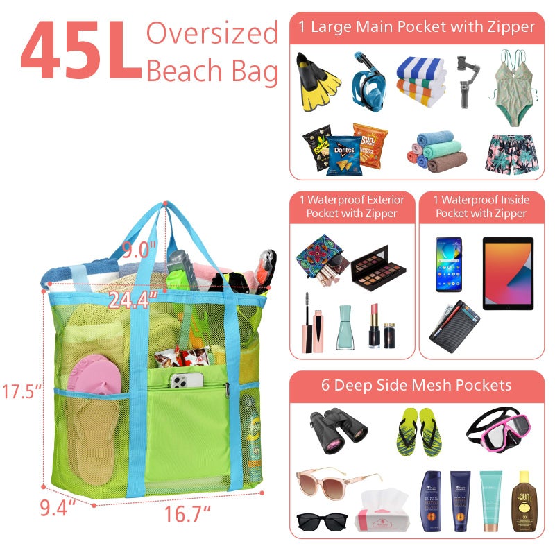F-color Foldable XL Mesh Beach Bag, 9-Pockets Lightweight Beach Bag for Women with Bottom Waterproof-Sandproof for Pool Travel Grocery Neon Green - Image 2
