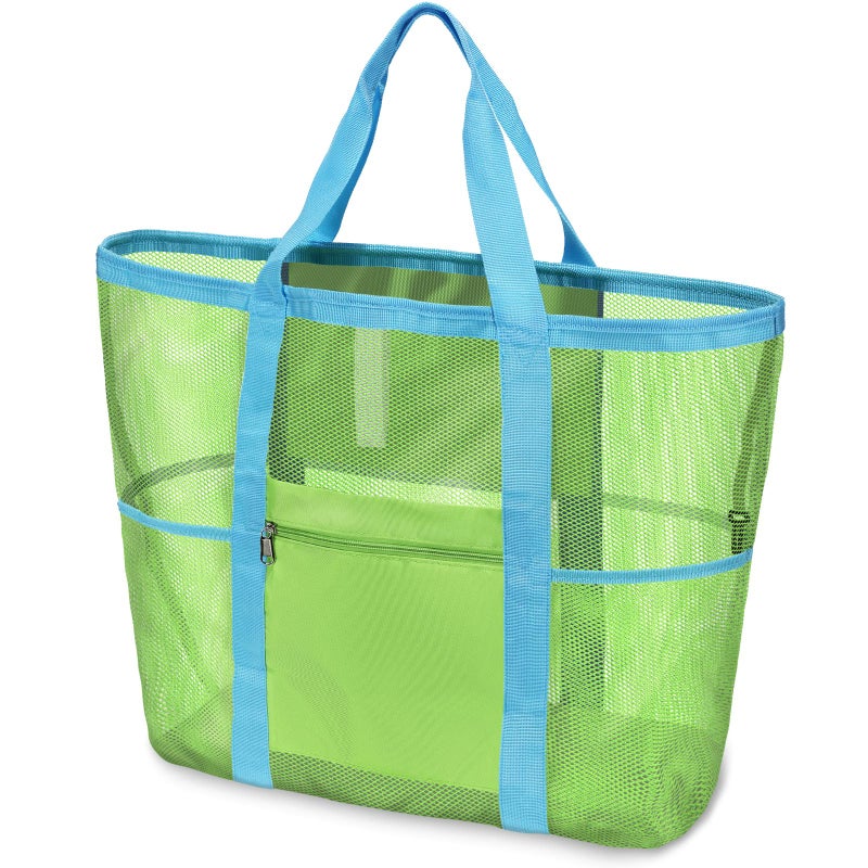 F-color Foldable XL Mesh Beach Bag, 9-Pockets Lightweight Beach Bag for Women with Bottom Waterproof-Sandproof for Pool Travel Grocery Neon Green - Image 1