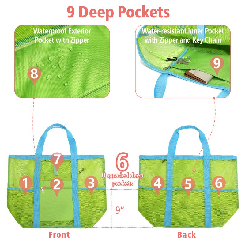 F-color Foldable XL Mesh Beach Bag, 9-Pockets Lightweight Beach Bag for Women with Bottom Waterproof-Sandproof for Pool Travel Grocery Neon Green - Image 4