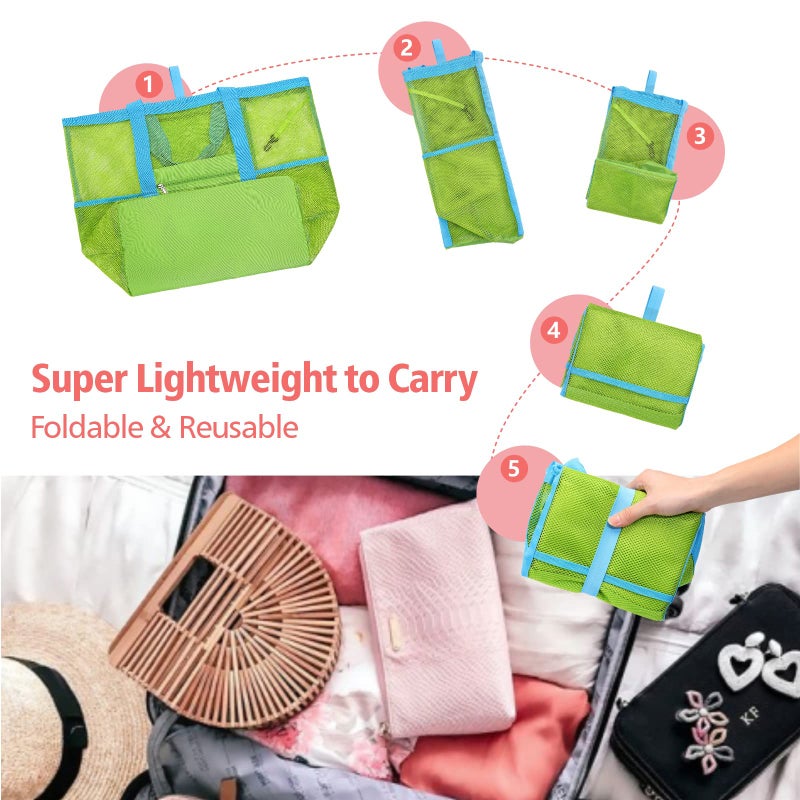 F-color Foldable XL Mesh Beach Bag, 9-Pockets Lightweight Beach Bag for Women with Bottom Waterproof-Sandproof for Pool Travel Grocery Neon Green - Image 5