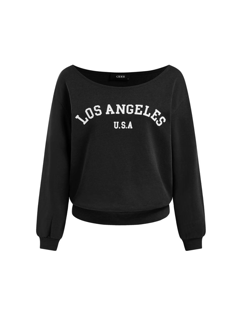 CIDER Womens Off Shoulder Sweatshirt Letter Printed Y2k Basic Casual Trendy Top Fall Fashion Pullover Shirt Black - Image 1