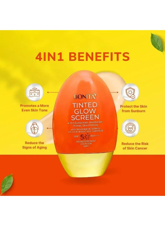 Bonita Tinted Glow Screen Face Sunscreen SPF 50 PA++++ 50ml, Enriched With Niacinamide Retinol Ceramide And Antioxidants, Helps Improve Skin Texture While Delivering Broad Spectrum UVA UVB Protection And Healthy Radiant Glow - Image 2