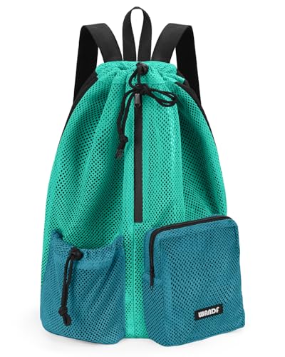 WANDF Swim Bag Mesh Drawstring Backpack with Wet Pocket Beach Bag for Swimming Pool Gym Workout Men and Women (Turquoise) - Image 1