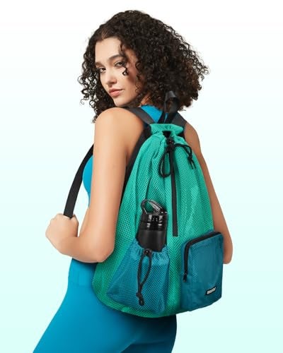 WANDF Swim Bag Mesh Drawstring Backpack with Wet Pocket Beach Bag for Swimming Pool Gym Workout Men and Women (Turquoise) - Image 4