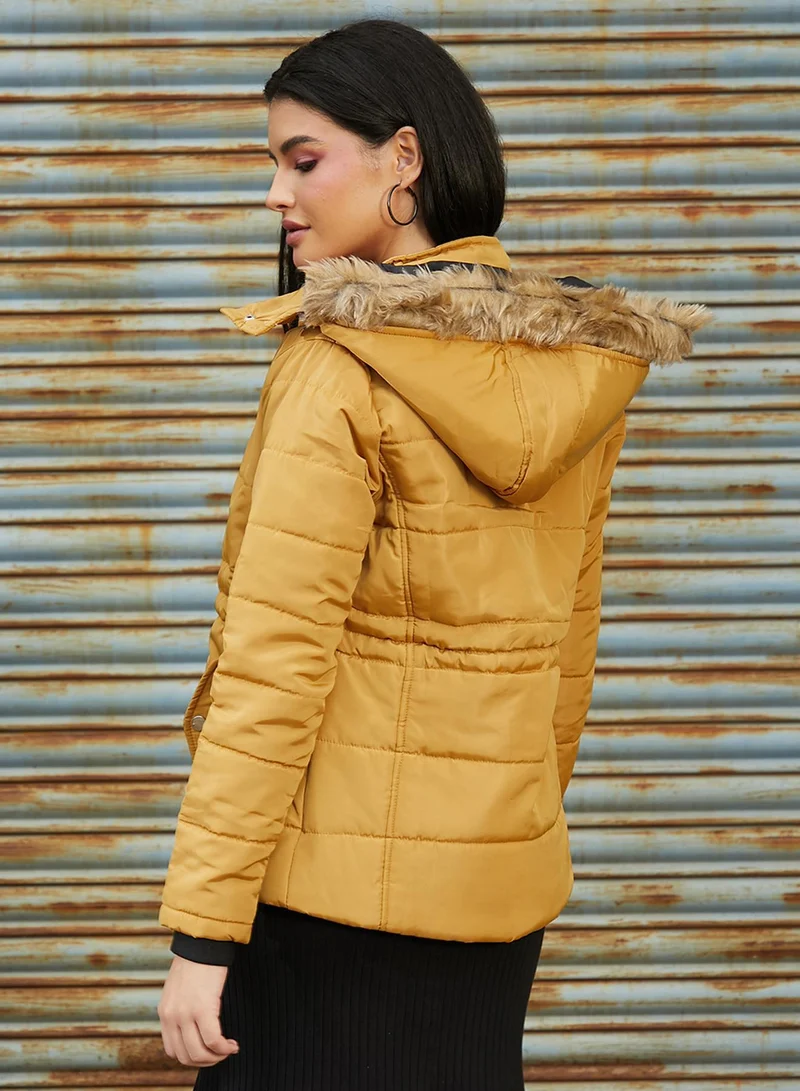 Pinacolada  Women's Yellow Ochre Cinched Puffer Jacket for Women | Best Price UAE