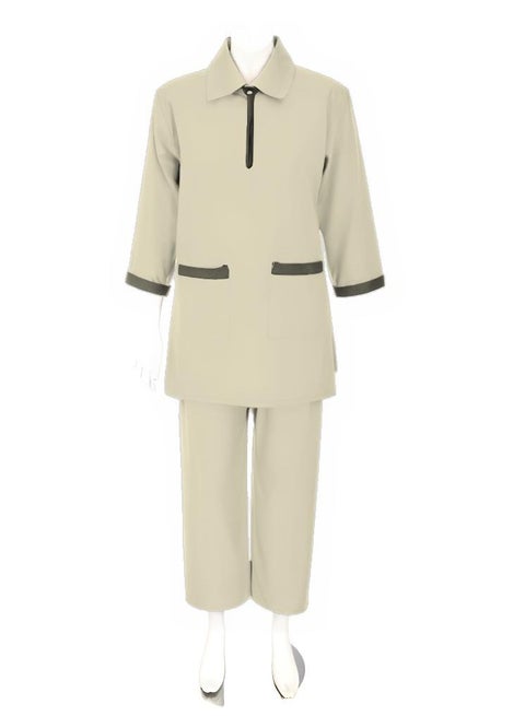 Women's Two-Piece Maid Uniform Set, 3/4 Sleeve Tunic with Collar, Maid and Nanny Dress Set With Long Pant, Scrub Set