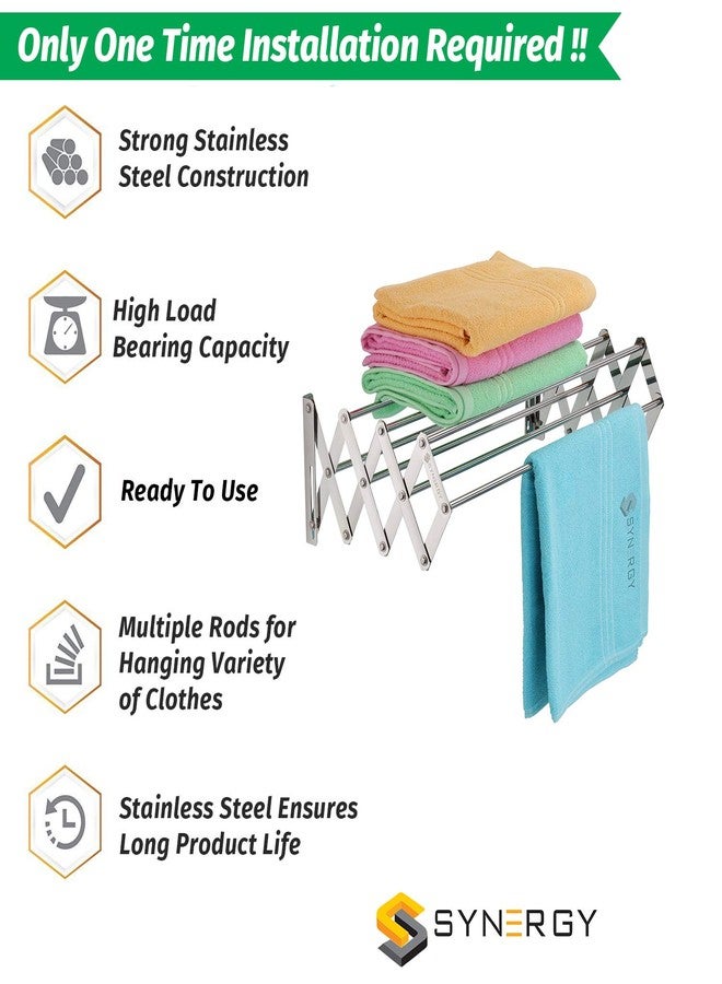 Synergy - 7 Rods - Premium Heavy Duty Stainless Steel Clothes Drying Stand Wall Mounted | Cloth Hanging Stand | Clothes Drying Stand for Balcony | Foldable Cloth Hanger for Drying [SY-CS3] - Image 2