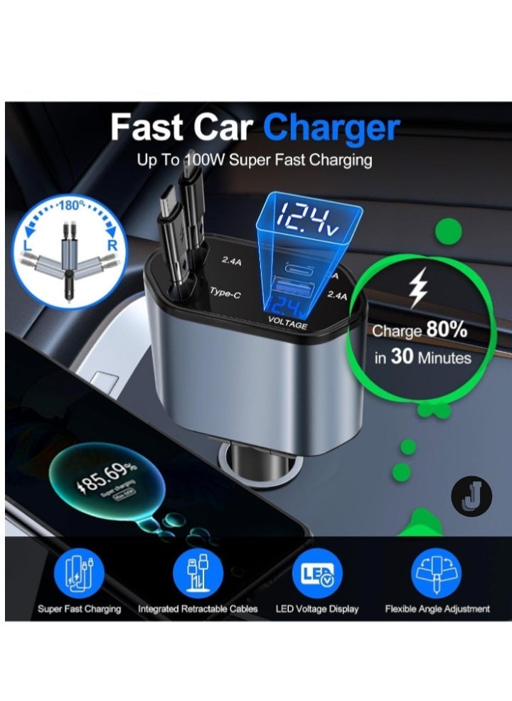 JAJEEK "Retractable Car Charger – 4-in-1 Fast Car Phone Charger (2 Retractable Cables + 2 USB Ports) Type-C Adapter for iPhone, Samsung, Google, iPad & More" - Image 5