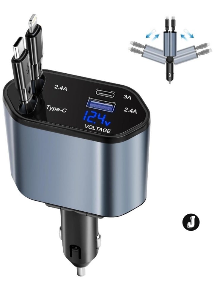 JAJEEK "Retractable Car Charger – 4-in-1 Fast Car Phone Charger (2 Retractable Cables + 2 USB Ports) Type-C Adapter for iPhone, Samsung, Google, iPad & More" - Image 1
