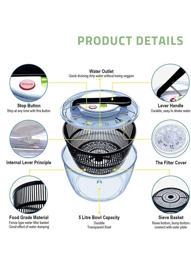 Bukela - Salad Spinner, Manual Button Fruit and Vegetable Dehydrator with 5L Bowl, BPA Free, Suitable for Washing and Dehydrating Salad Greens, Lettuce, Fruits and Vegetables - Image 1