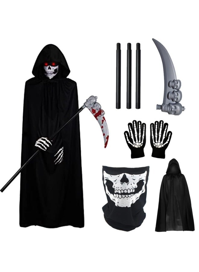 GGEROU Grim Reaper Costume Children, 90 cm Costume Grim Reaper Children, Scythe Costume Children with Sickle, Mask, Gloves, Black Cape with Hood Set  - Image 1