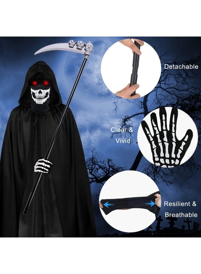 GGEROU Grim Reaper Costume Children, 90 cm Costume Grim Reaper Children, Scythe Costume Children with Sickle, Mask, Gloves, Black Cape with Hood Set  - Image 3
