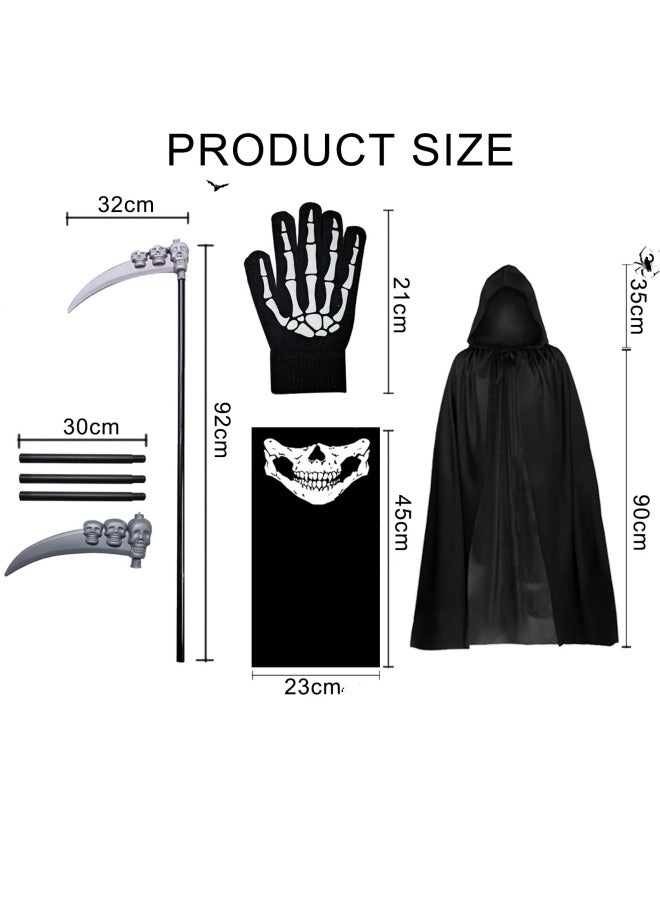 GGEROU Grim Reaper Costume Children, 90 cm Costume Grim Reaper Children, Scythe Costume Children with Sickle, Mask, Gloves, Black Cape with Hood Set  - Image 2