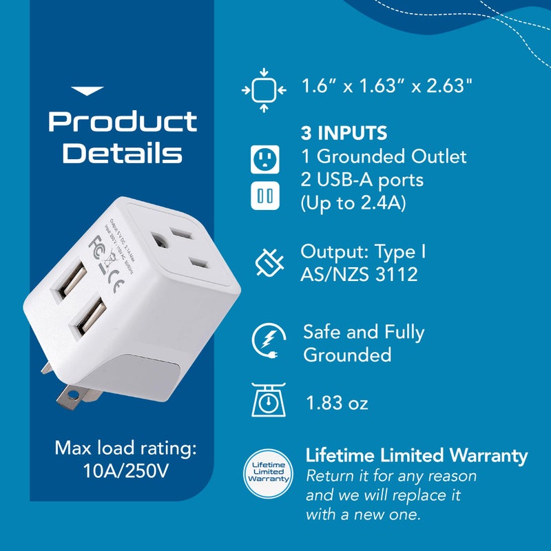 Ceptics محول السفر من Ceptics لأستراليا ونيوزيلندا والصين - مدخل USB مزدوج - حجم فائق الصغر - من الولايات المتحدة إلى النوع I - مثالي للهواتف المحمولة والشواحن والكاميرات والأجهزة اللوحية والمزيد (CTU-16) - Image 4