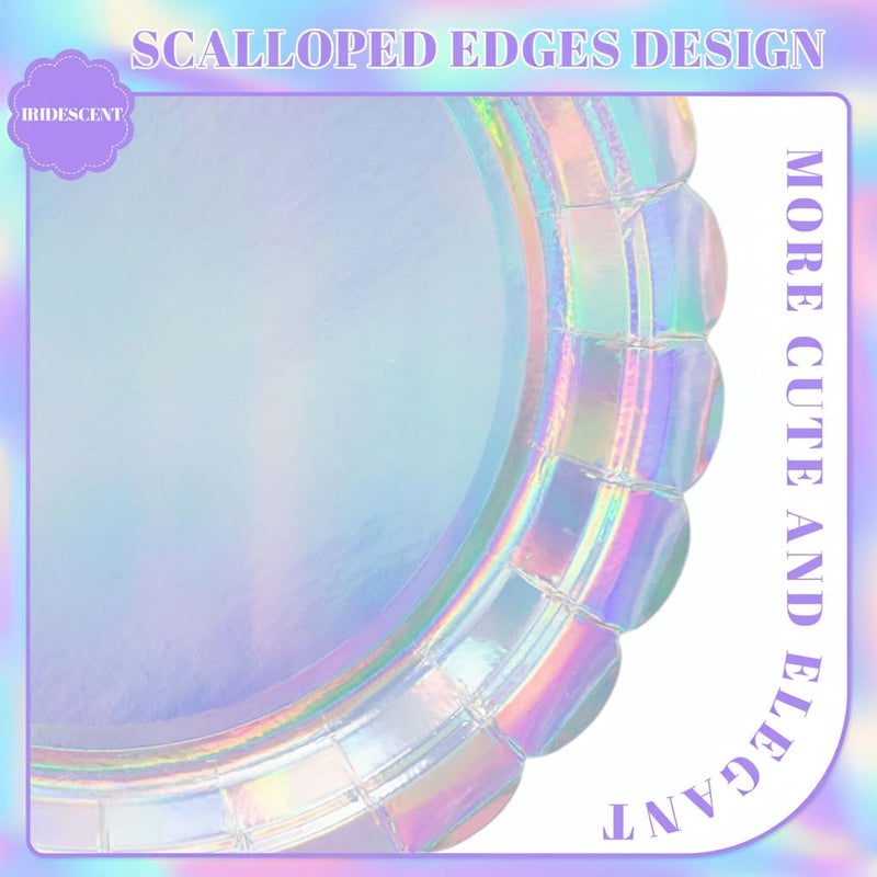 NatNarr 30 Pcs Iridescent Plates Disposable 9 Inch Scalloped Holographic Plates Sliver Birthday Cake Dessert Plate for Mermaid, Disco, Unicorn Birthday - Image 3