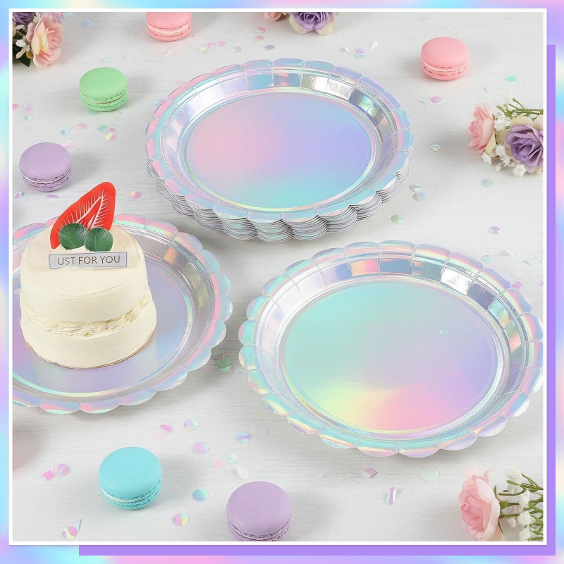 NatNarr 30 Pcs Iridescent Plates Disposable 9 Inch Scalloped Holographic Plates Sliver Birthday Cake Dessert Plate for Mermaid, Disco, Unicorn Birthday - Image 5