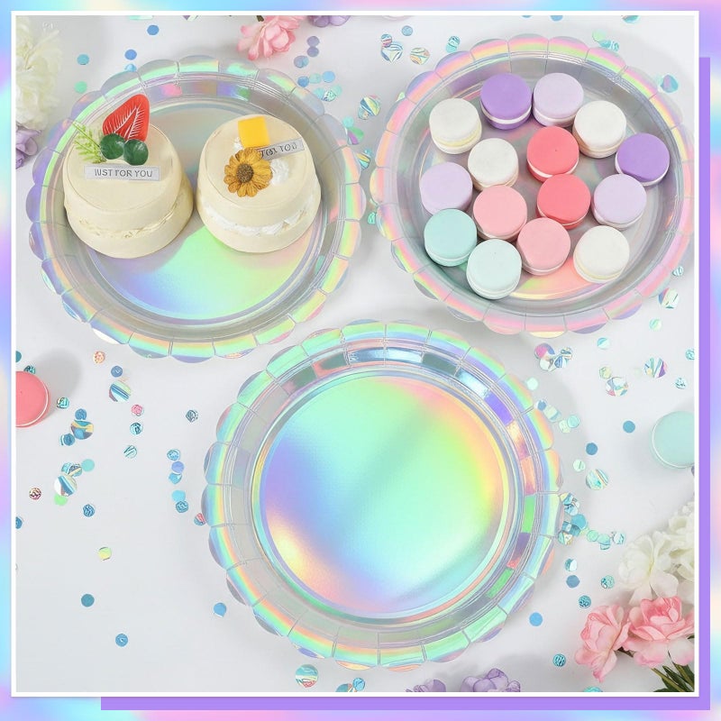 NatNarr 30 Pcs Iridescent Plates Disposable 9 Inch Scalloped Holographic Plates Sliver Birthday Cake Dessert Plate for Mermaid, Disco, Unicorn Birthday - Image 4