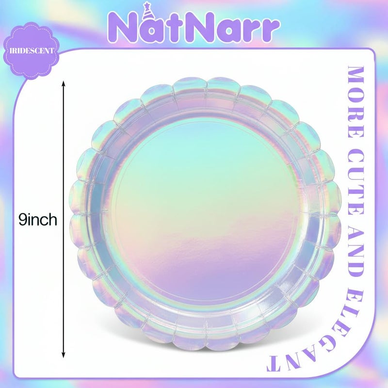 NatNarr 30 Pcs Iridescent Plates Disposable 9 Inch Scalloped Holographic Plates Sliver Birthday Cake Dessert Plate for Mermaid, Disco, Unicorn Birthday - Image 2