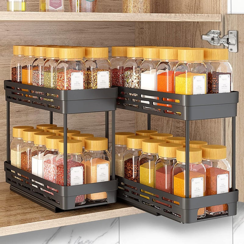 DABIGE 2 Packs Pull Out Spice Rack Organizer for Cabinet, Slide Out Spice Racks Organizer, Easy to Install Spice Cabinet Organizers, 4.33''Wx10.4''Dx8.5''H, Each Tier Hold 10 Spice Jars - 2 Tier - Image 1