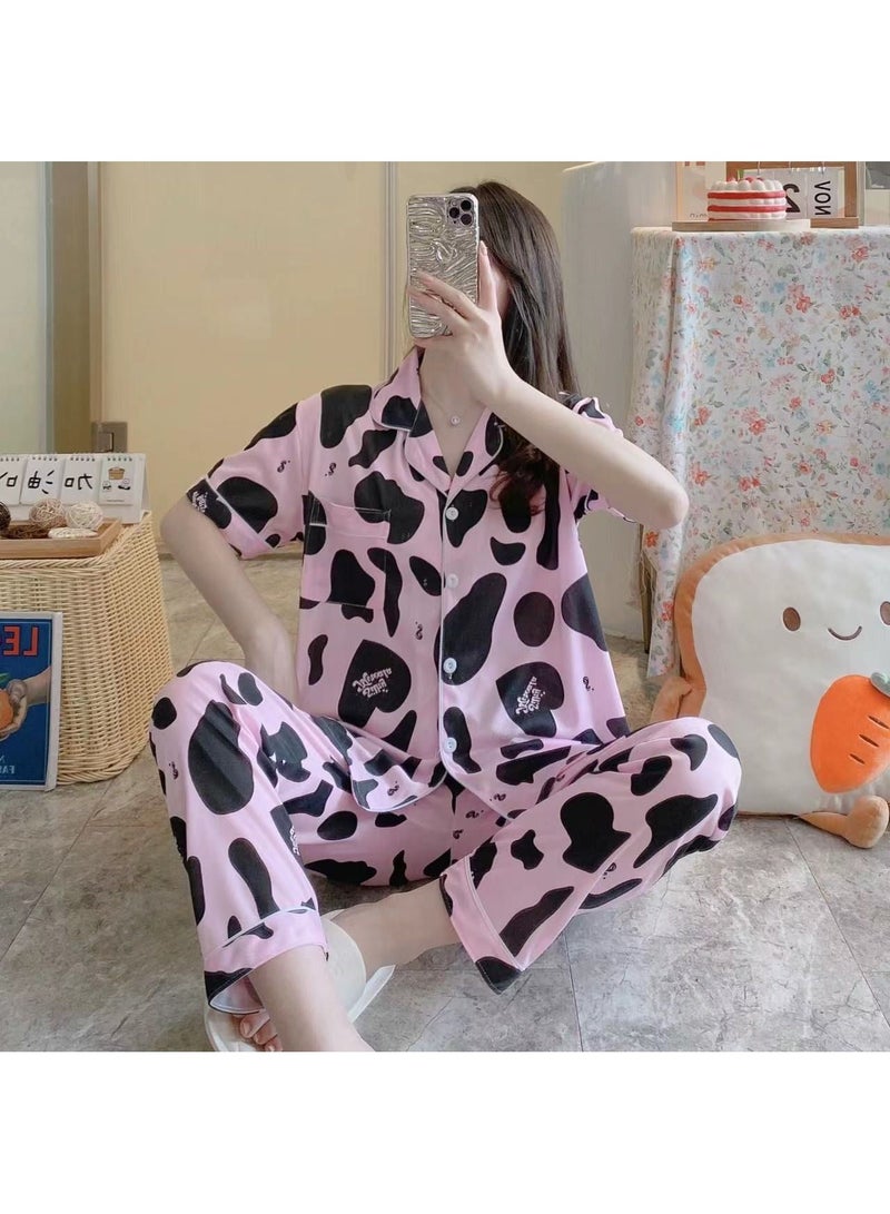 DubaiGallery New Summer Short-sleeved Shorts And Trousers Three-piece Cute Cartoon Women's Pajama Suit Thin Girl's Cardigan Home Clothes