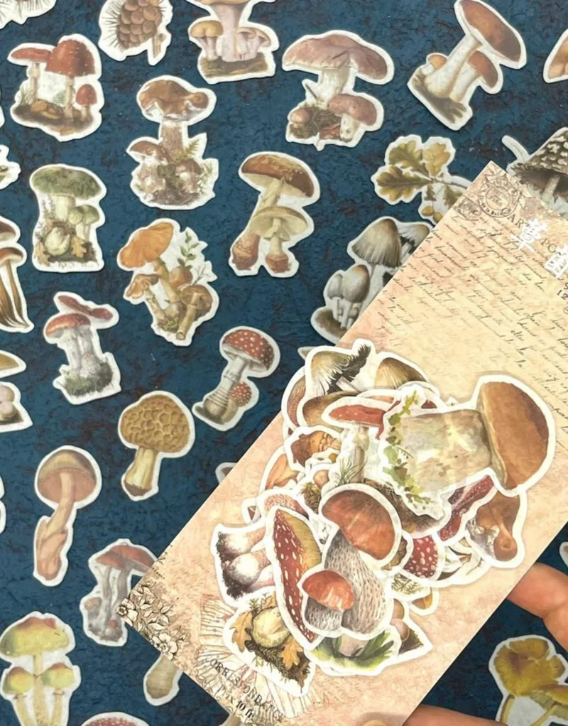 Kağıt Gemi Dükkan Paper Ship Shop Mushroom Patterned Vintage 60 Piece Sticker Set / Decal / Label / Bullet Journal / Scrapbook