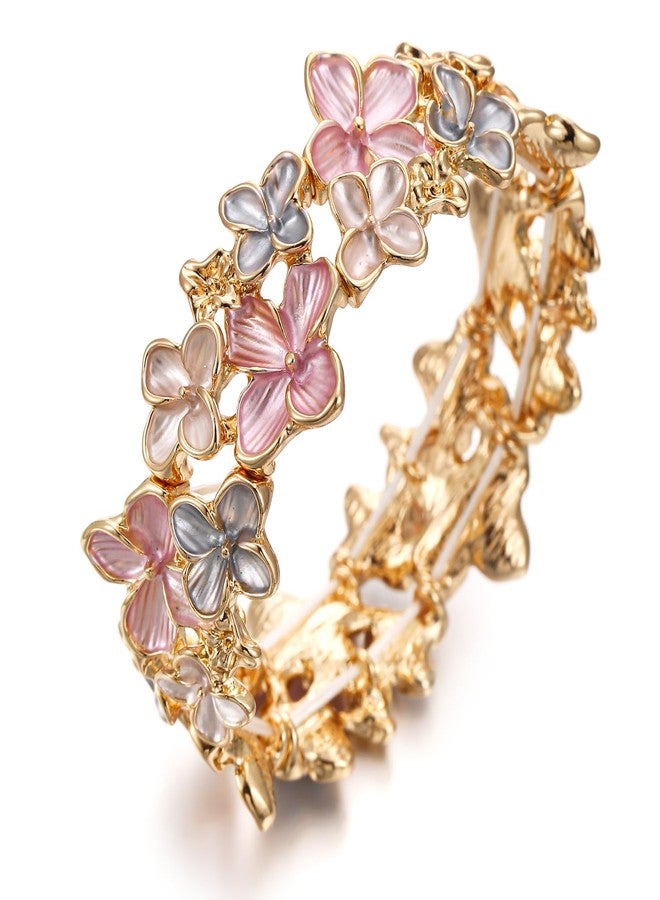 LUREME Gold Sakura Floral Bracelet for Women - Colorful Enamel Flower Stretch Bangle, Adjustable Elastic Cuff (bl003608-2) - Image 1