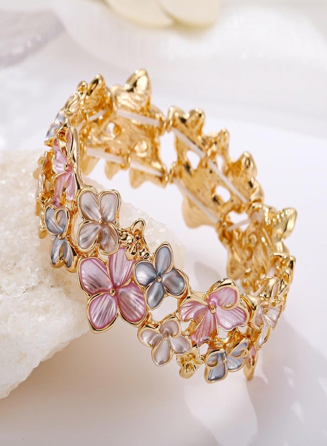 LUREME Gold Sakura Floral Bracelet for Women - Colorful Enamel Flower Stretch Bangle, Adjustable Elastic Cuff (bl003608-2) - Image 4