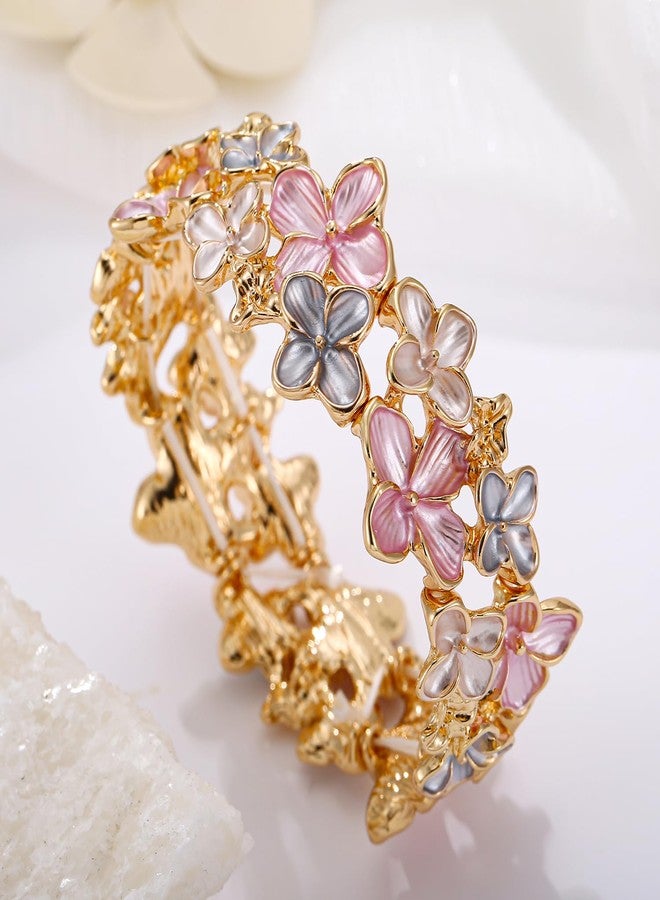 LUREME Gold Sakura Floral Bracelet for Women - Colorful Enamel Flower Stretch Bangle, Adjustable Elastic Cuff (bl003608-2) - Image 5