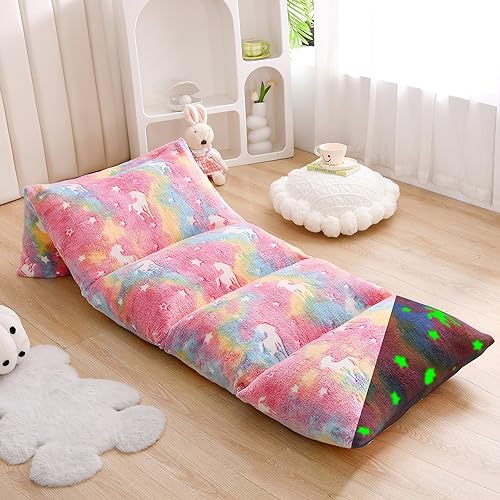 Mengersi Velvet Floor Pillows,Unicorn Glow in The Dark Pillow Bed Floor Lounger Cover for Kids Girls Boys,Mattress Floor Bed Sleeping Mat for Girls Teen Toddler,Requires 5 Pillows(Queen,Pink) - Image 1