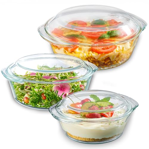 Le'raze 6-Piece Glass Tureen Dishes for Oven - Durable Borosilicate Glass Bakeware Set with Lids, Microwave Safe, Versatile Round Covered Baking Dishes. Clear Lead-Free Casserole Cookware. - Image 1