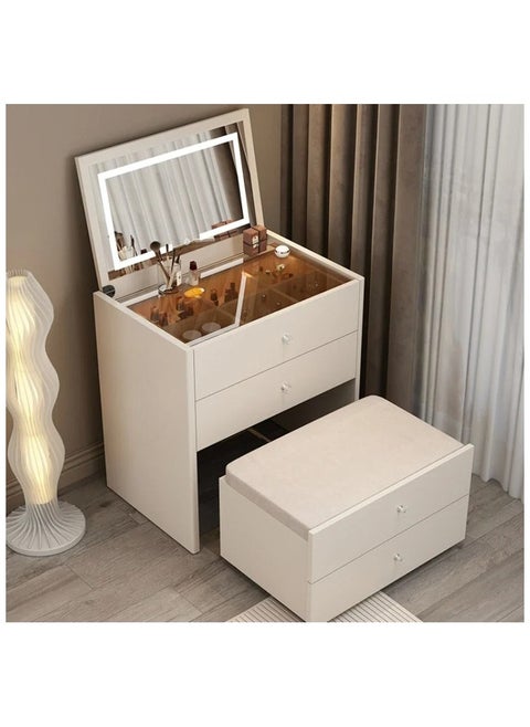Dressing Table Smart Modern Compact Vanity Table With Mirror In 3 Modes LED Light And Folding Bench 4 Storage Drawers Bluetooth Speaker, USB Ports, 80x70x40 cm