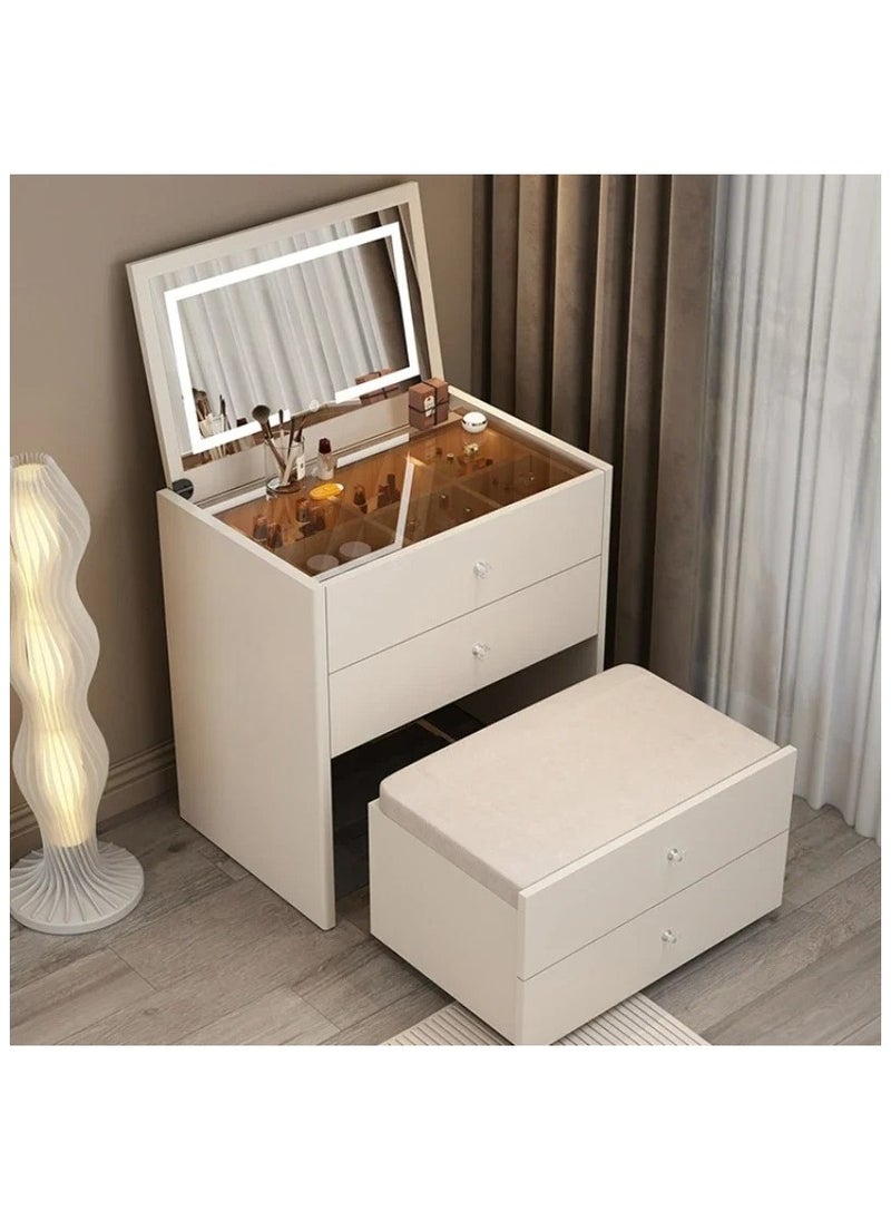 AWD Dressing Table Smart Modern Compact Vanity Table With Mirror In 3 Modes LED Light And Folding Bench 4 Storage Drawers Bluetooth Speaker, USB Ports, 80x70x40 cm  - Image 1