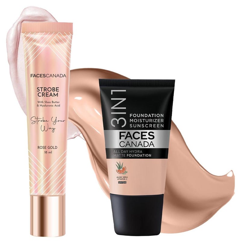 FACESCANADA Airbrushed Shine Full Combo All Day Full Hydra Matte Foundation Rose Ivory 011 18ml Strobe Cream Rose Gold 18ml Illuminating Glowing Makeup Base 10HR Long Wear - Image 1