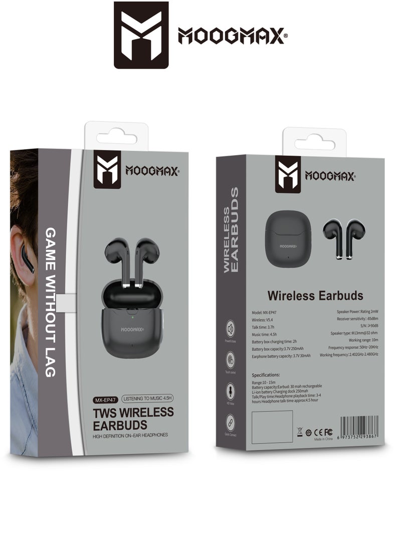 MOOGMAX - Moogmax MX-EP47 A TWS wireless Earbuds with built-in a clear microphone and powerful HAFI clear sound, game without lag, Bluetooth 5.4V and ergonomic elegant design. in black color - Image 1
