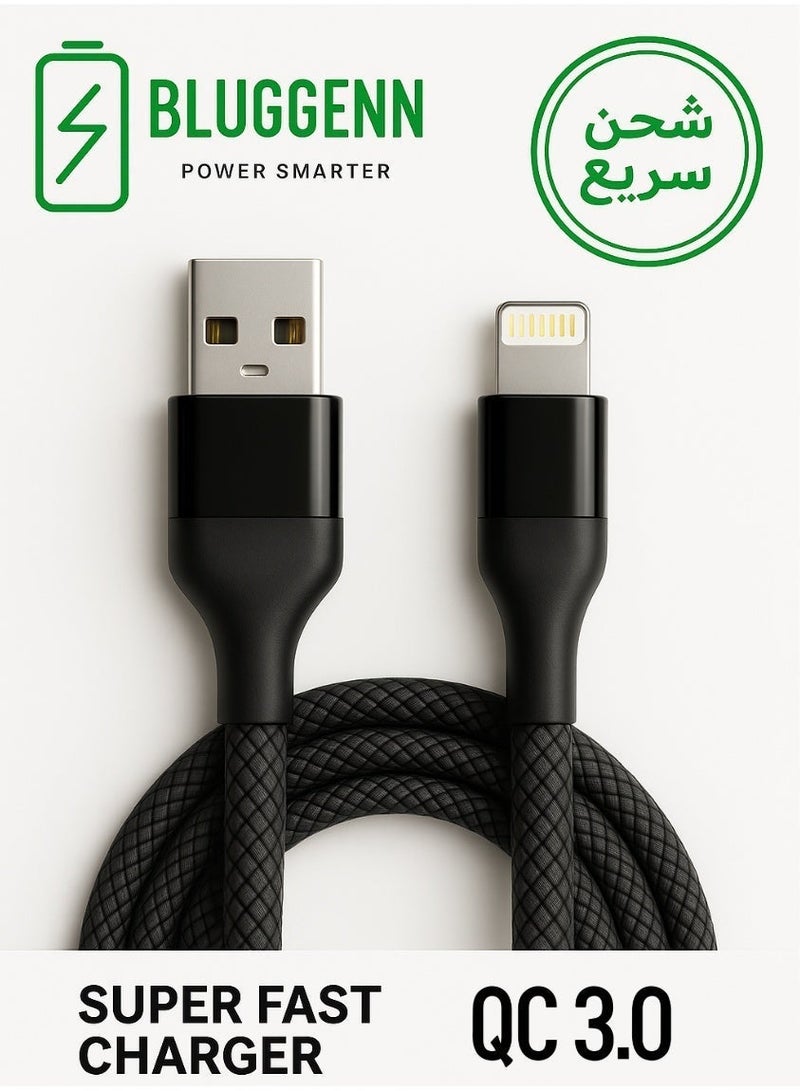 BLUGGENN iphone cable charger  USB Type -A ↔ Lightning  Super Fast Charging for All iPhones (QC 3.0) This Type-A to Lightning cable supports Quick Charge 3.0 technology  giving you fast and safe charging. With double-layer insulation to protect against heat and bending, this cable offers reliable performance and fast charging for all generations of iPhone, both old and new. Fast Charging Cable – 14/13/12/11/X/XR Series & iPad Pro, - Image 1