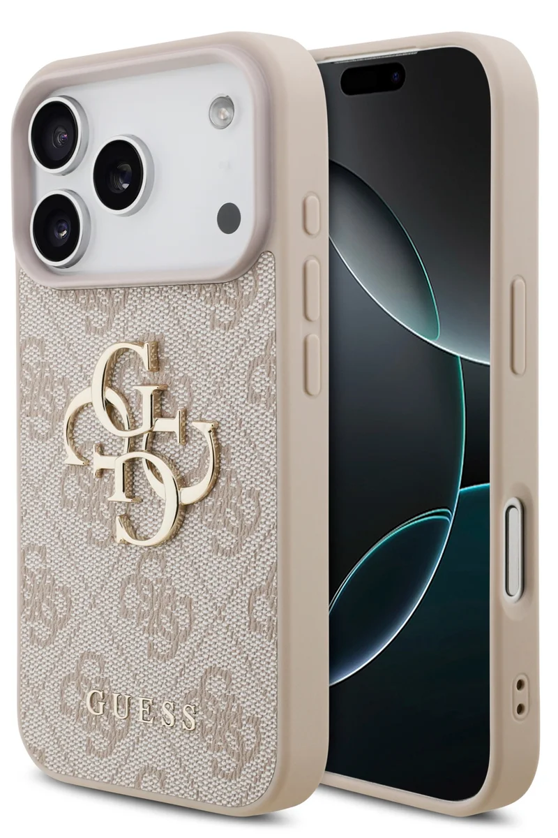 جس جراب جلدي من البولي يوريثان مع شعار 4G كبير وشعار كلاسيكي لهاتف iPhone 17 Pro Max / سهل التركيب / تغليف مستدام / قبضة مريحة / حماية من السقوط / تصميم رفيع وخفيف الوزن - وردي