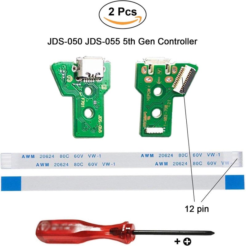 Rinbers حزمة من 2 قطع JDS-050 JDS-055 منفذ شحن بديل محول Micro USB لوحة دائرة مقبس شاحن مع كابل مرن ذو 12 دبوسًا لوحدة تحكم Sony PS4 الجيل الخامس DualShock 4 - Image 2